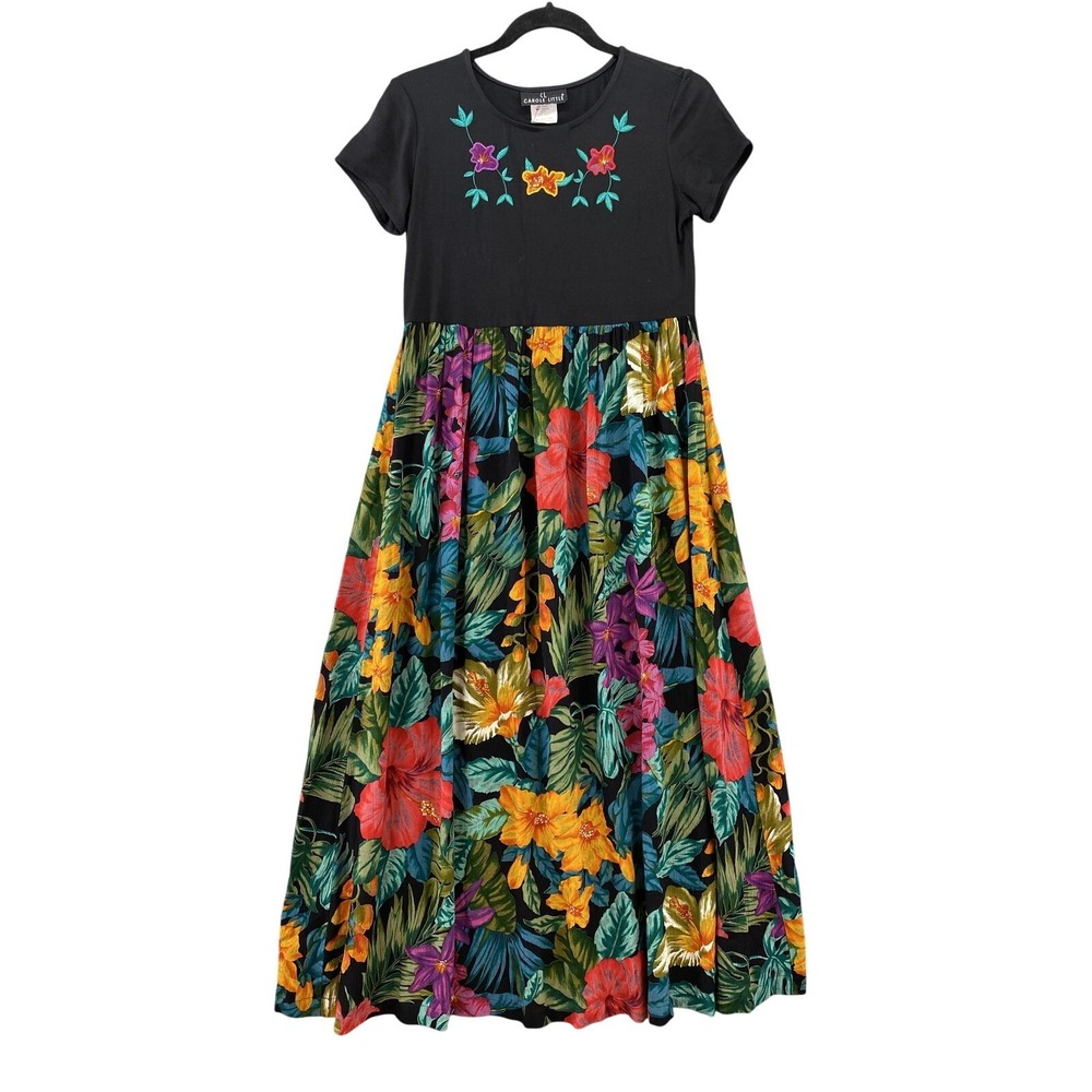 Carole Little Dress Womens 4‎ Black Tropical Floral Maxi Fit Flare Made USA Boho